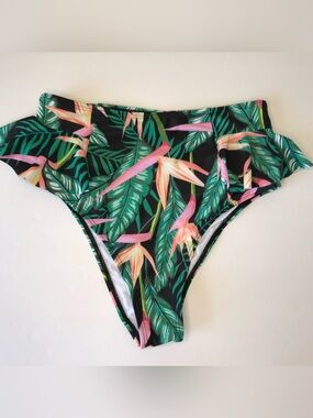 Tropical Print Side Ruffle Bikini Bottoms Size S